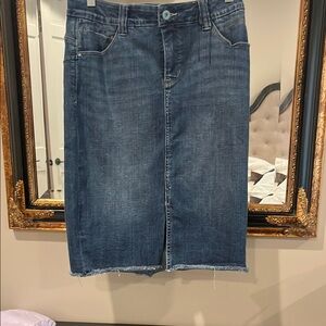 Denim Midi Skirt with Frayed Hem
